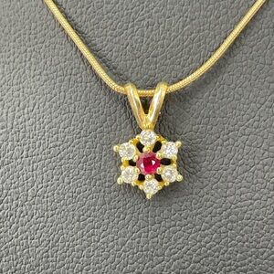 Vintage 14K Gold Ruby & Diamond Cluster Pendant – Estate Floral Delicate Design